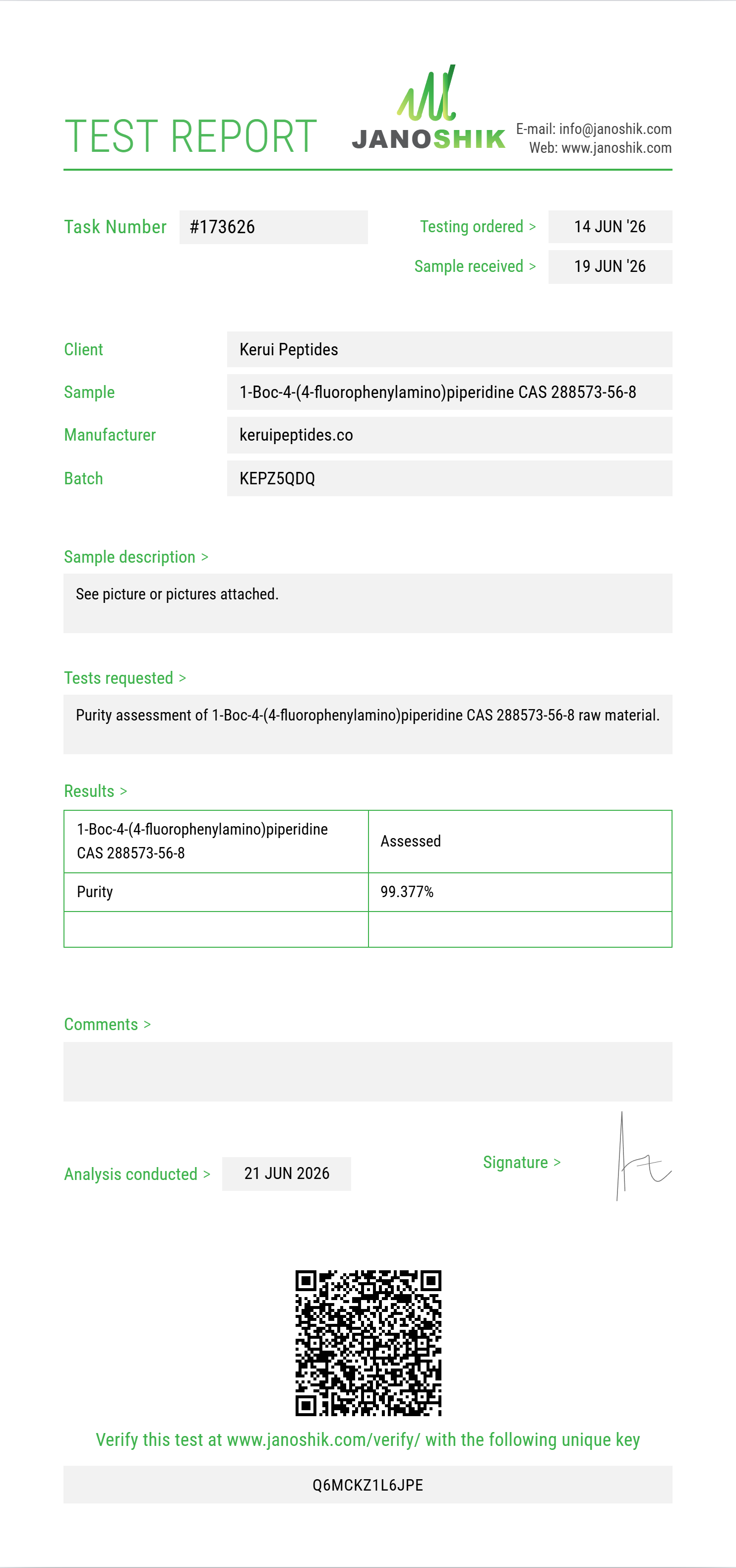 1-Boc-4-(4-fluorophenylamino)piperidine CAS 288573-56-8 Purity (HPLC) report by Janoshik Analytical