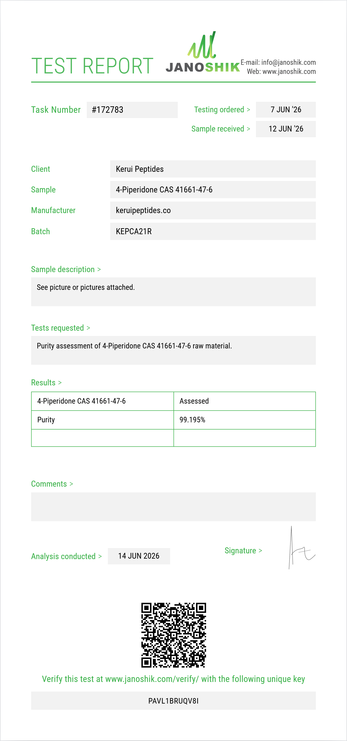 4-Piperidone CAS 41661-47-6 Purity (HPLC) report by Janoshik Analytical