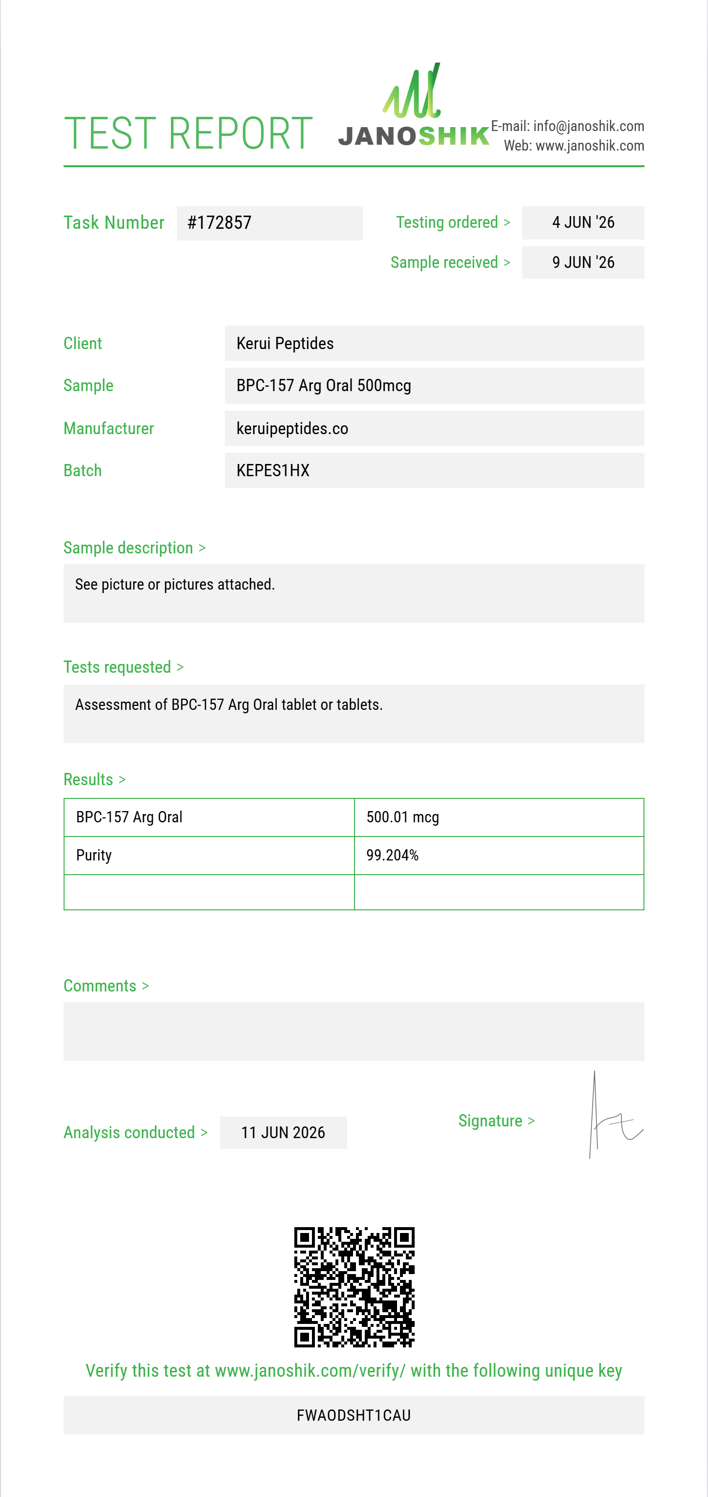 BPC-157 Arg Oral Purity (HPLC) report by Janoshik Analytical