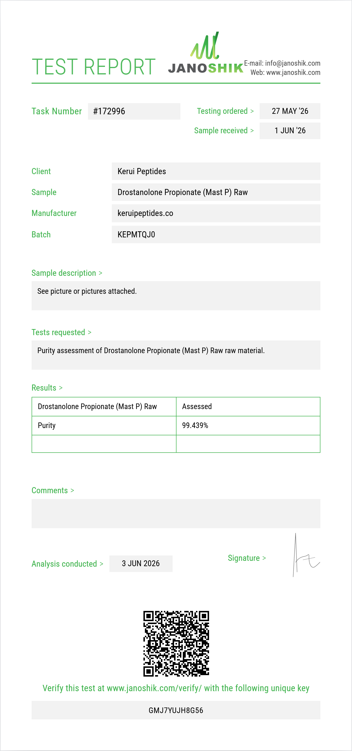 Drostanolone Propionate (Mast P) Raw Purity (HPLC) report by Janoshik Analytical