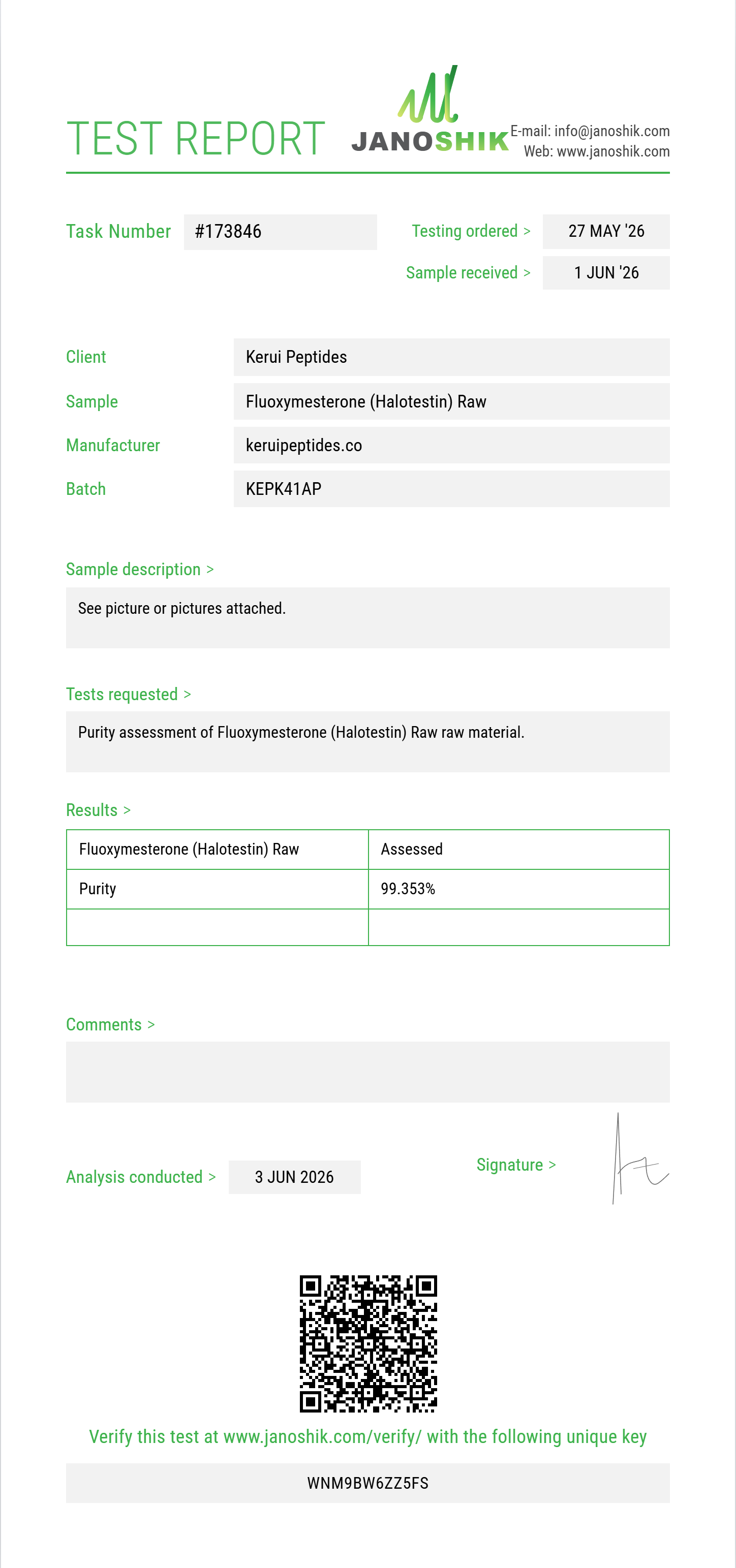 Fluoxymesterone (Halotestin) Raw Purity (HPLC) report by Janoshik Analytical