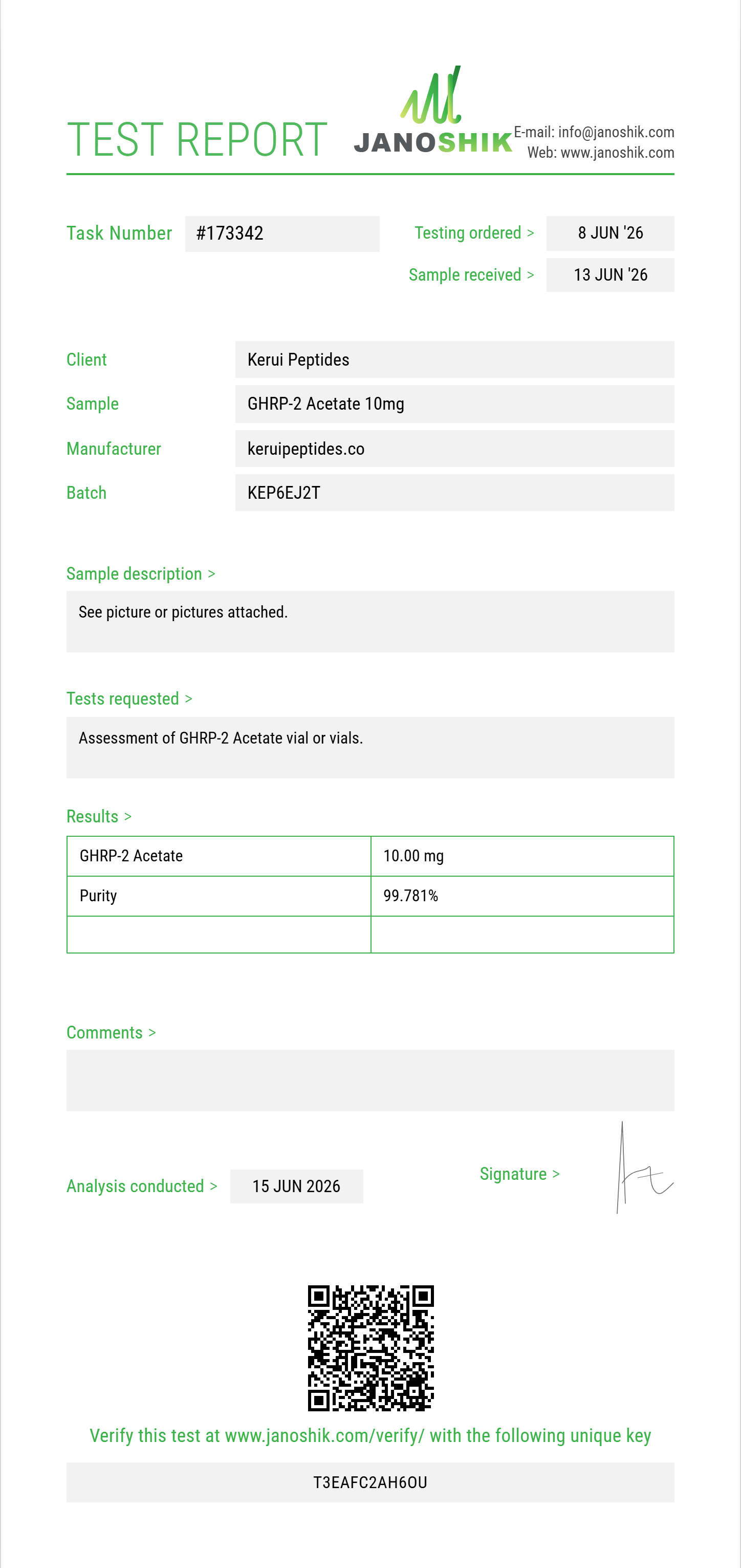 GHRP-2 Acetate Purity (HPLC) report by Janoshik Analytical