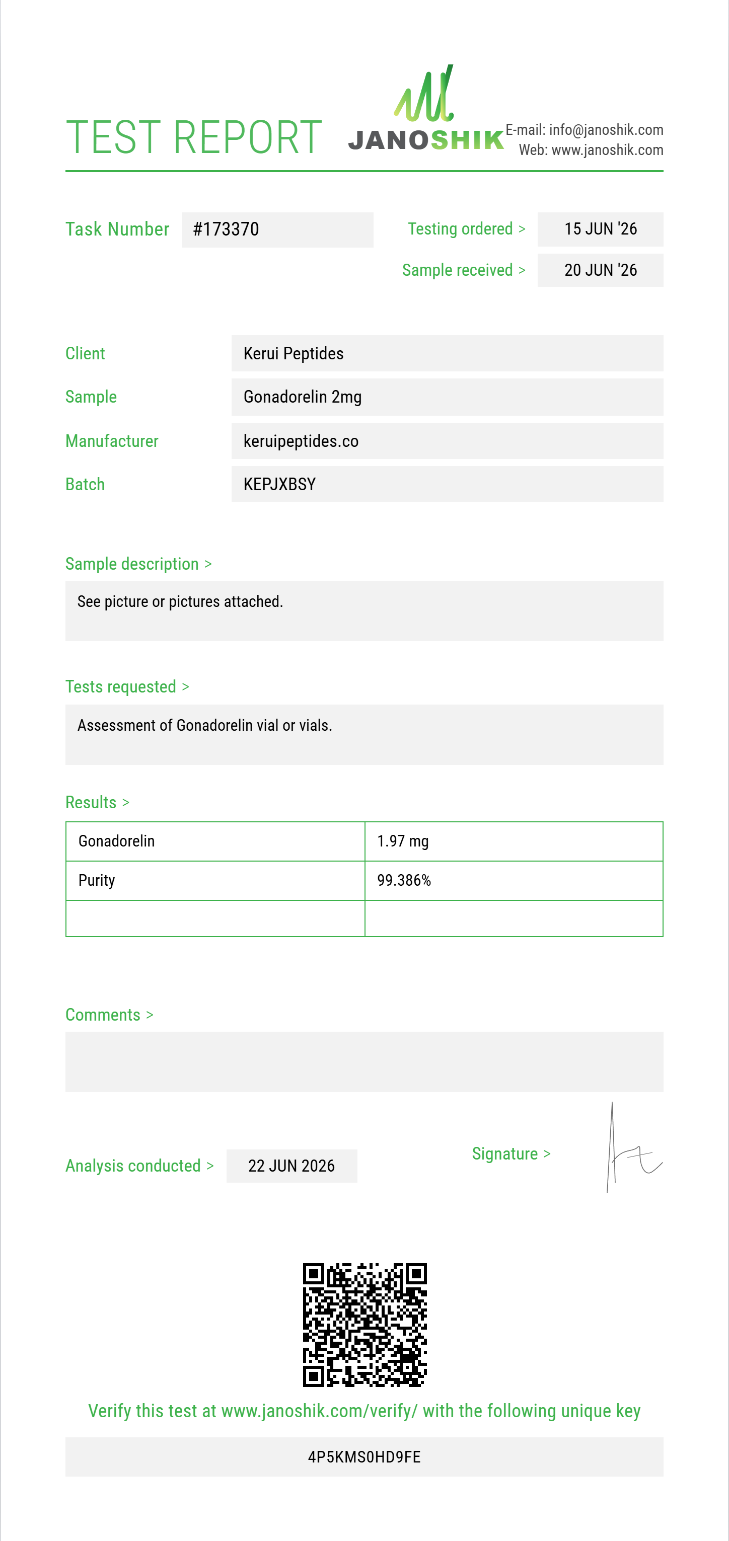 Gonadorelin Purity (HPLC) report by Janoshik Analytical