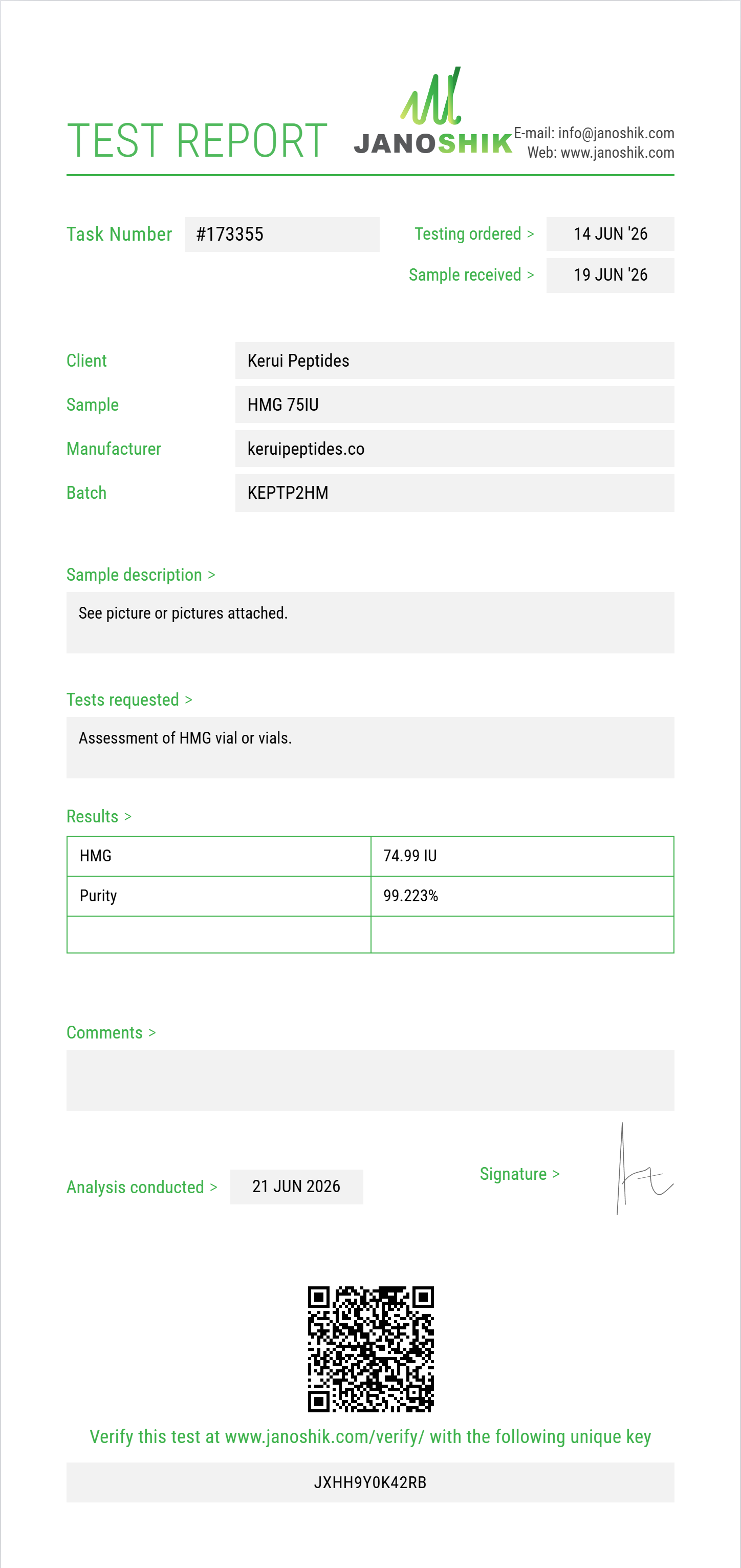 HMG Purity (HPLC) report by Janoshik Analytical