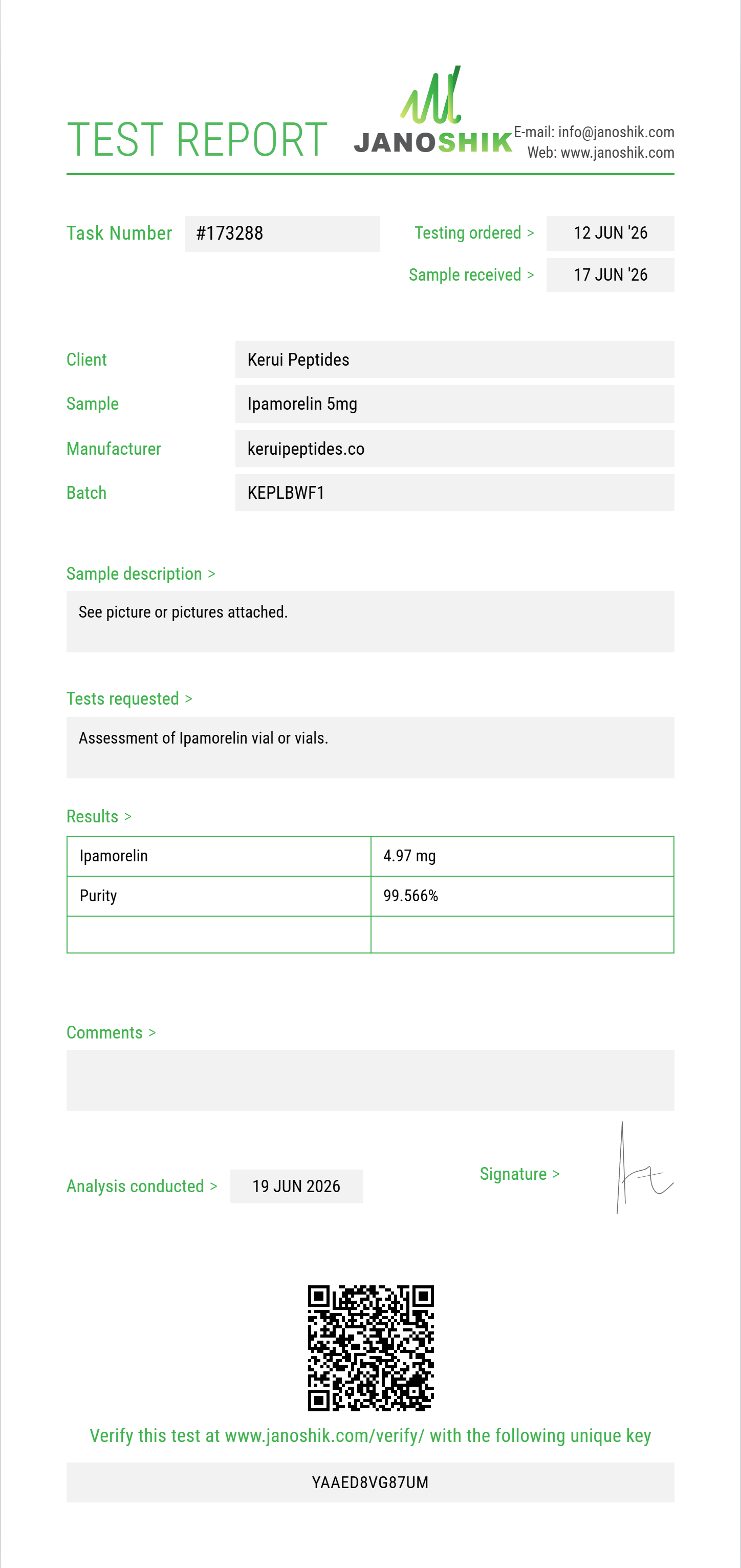 Ipamorelin Purity (HPLC) report by Janoshik Analytical