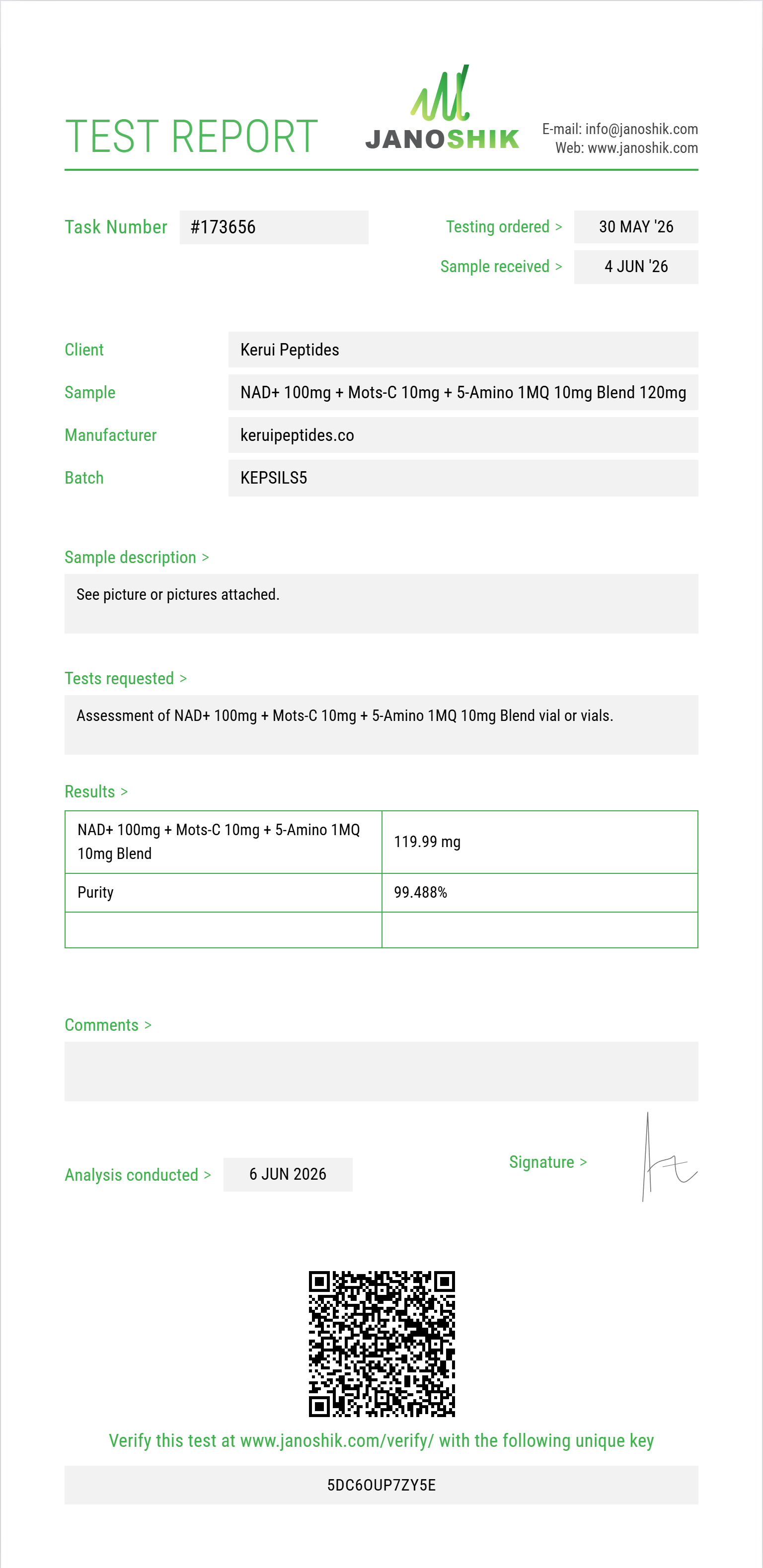 NAD+ 100mg + Mots-C 10mg + 5-Amino 1MQ 10mg Blend Purity (HPLC) report by Janoshik Analytical