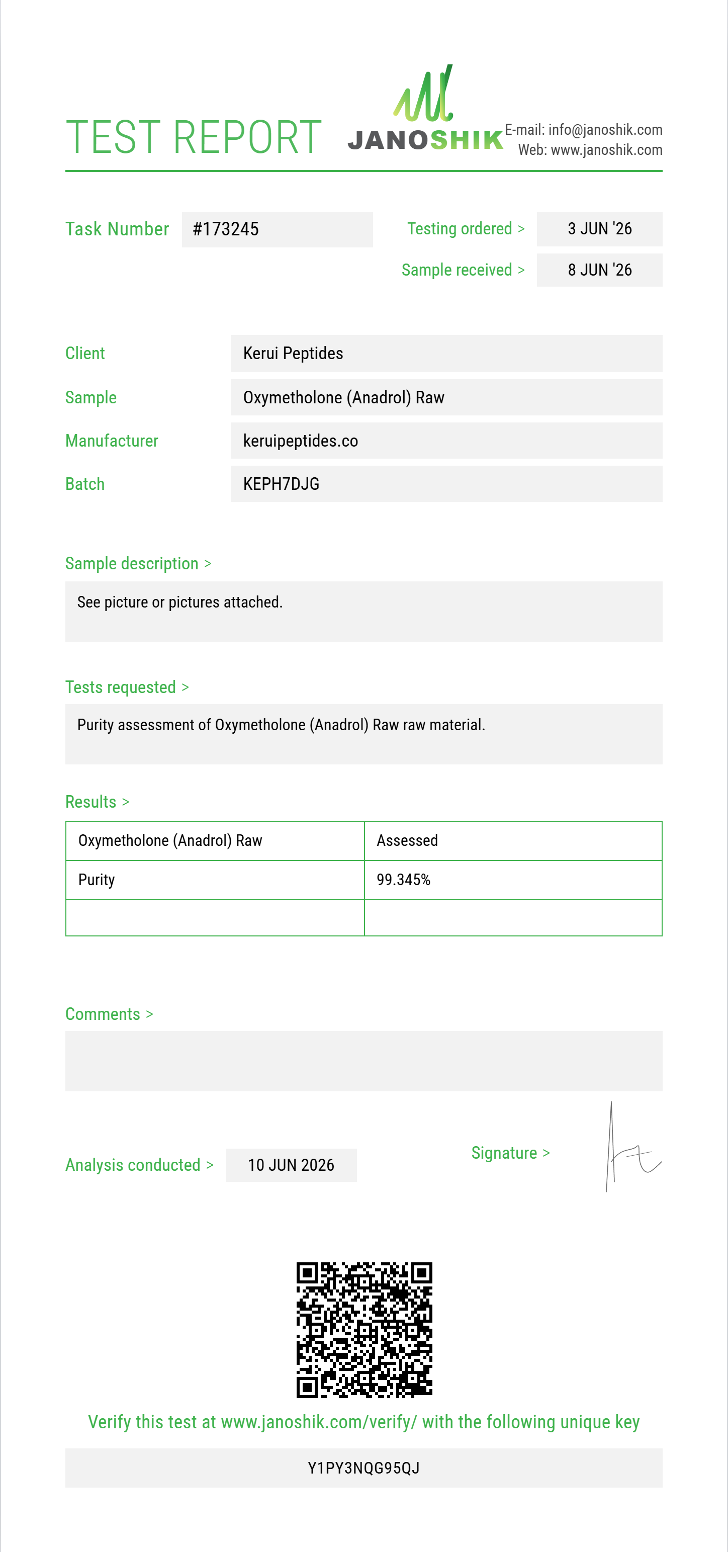 Oxymetholone (Anadrol) Raw Purity (HPLC) report by Janoshik Analytical
