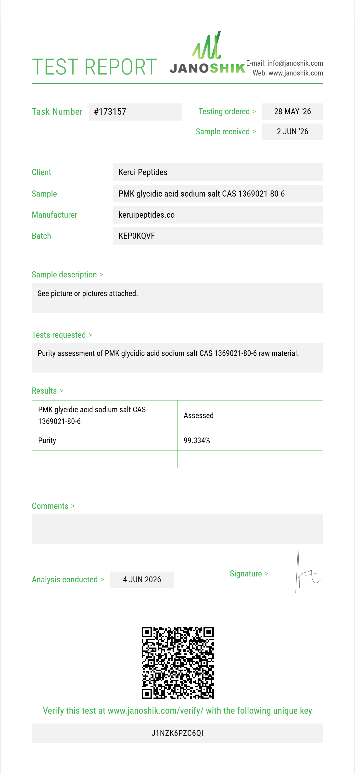 PMK glycidic acid (3,4-MDP-2-P methyl glycidic acid / sodium salt) CAS 1369021-80-6 Purity (HPLC) report by Janoshik Analytical