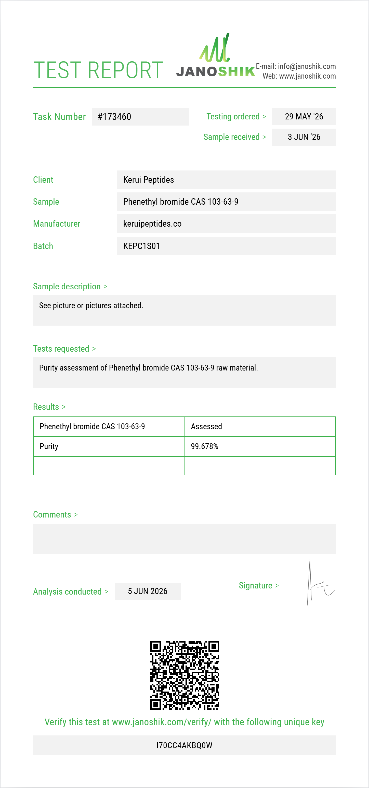 Phenethyl bromide (2-bromoethylbenzene) CAS 103-63-9 Purity (HPLC) report by Janoshik Analytical