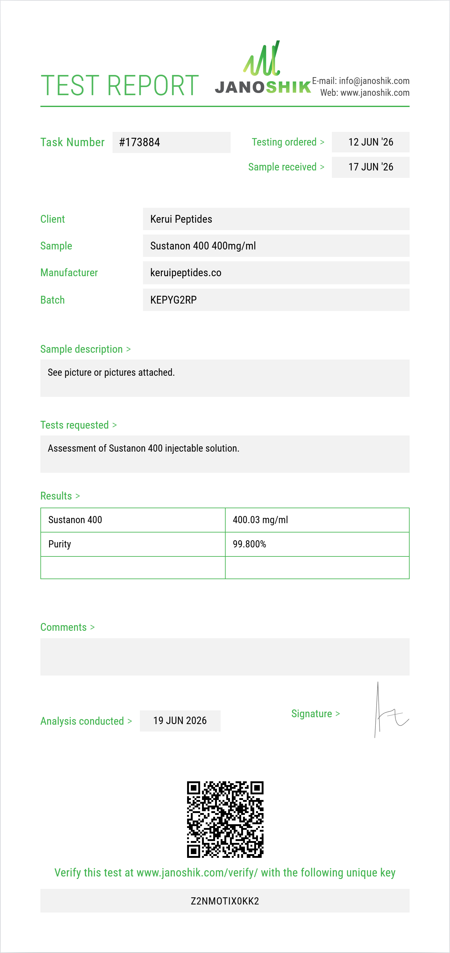 Sustanon 400 Purity (HPLC) report by Janoshik Analytical