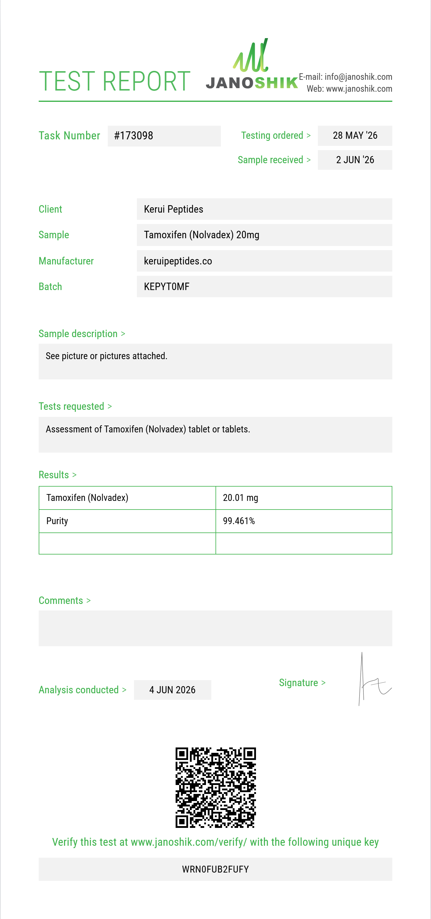 Tamoxifen (Nolvadex) Purity (HPLC) report by Janoshik Analytical