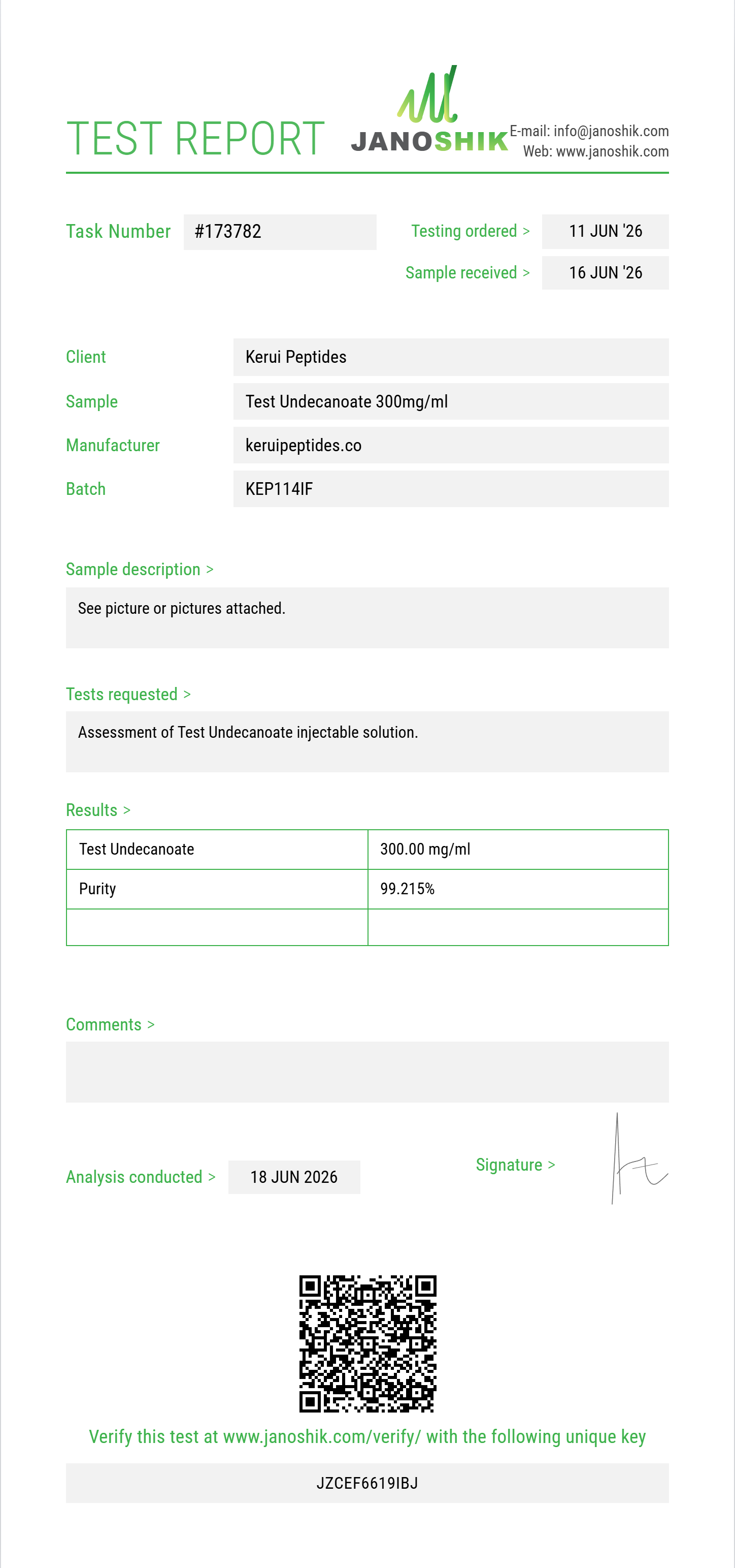 Test Undecanoate Purity (HPLC) report by Janoshik Analytical