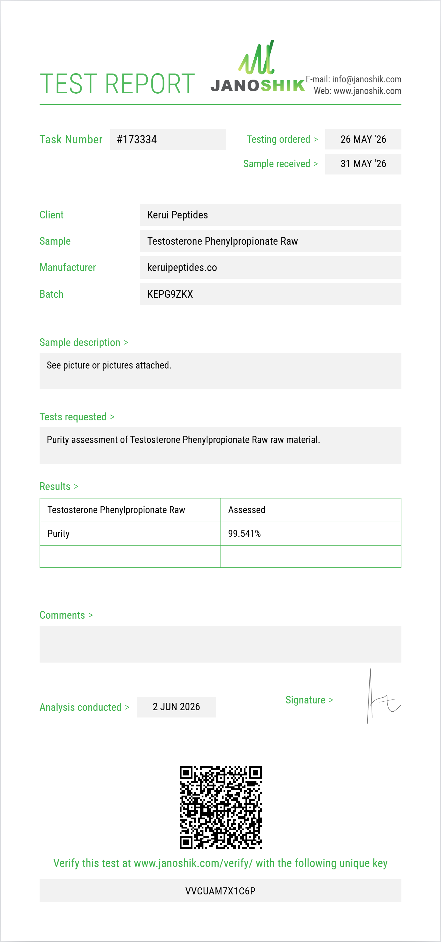 Testosterone Phenylpropionate Raw Purity (HPLC) report by Janoshik Analytical