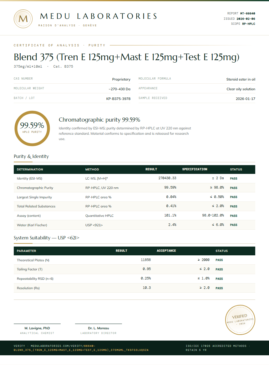 Blend 375 (Tren E 125mg+Mast E 125mg+Test E 125mg) Purity (HPLC) report by Medu Laboratories