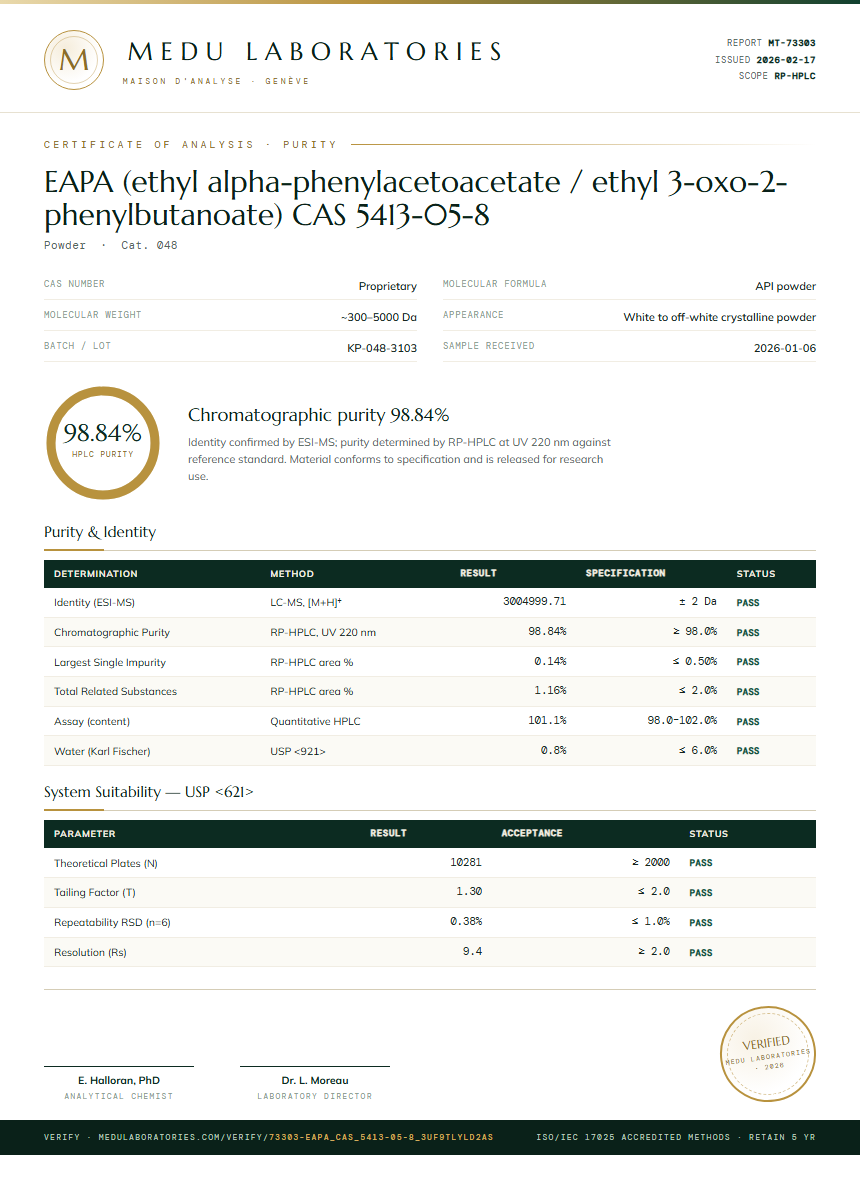 EAPA (ethyl alpha-phenylacetoacetate / ethyl 3-oxo-2-phenylbutanoate) CAS 5413-05-8 Purity Test Report by Medu Laboratories