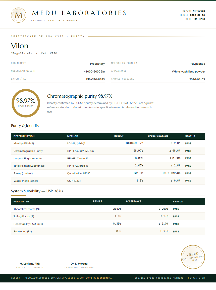Vilon Purity (HPLC) report by Medu Laboratories