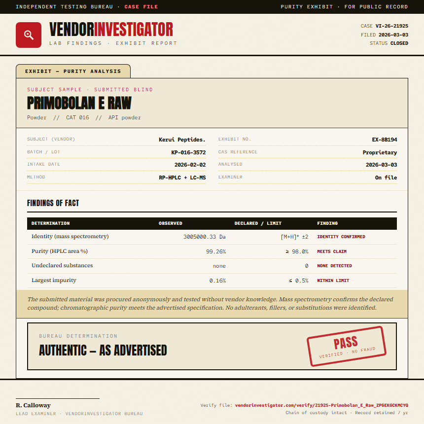 Primobolan E Raw Purity (HPLC) report by VendorInvestigator