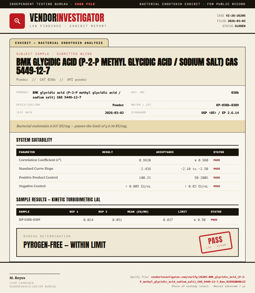 BMK glycidic acid (P-2-P methyl glycidic acid / sodium salt) CAS 5449-12-7 Endotoxin report by VendorInvestigator