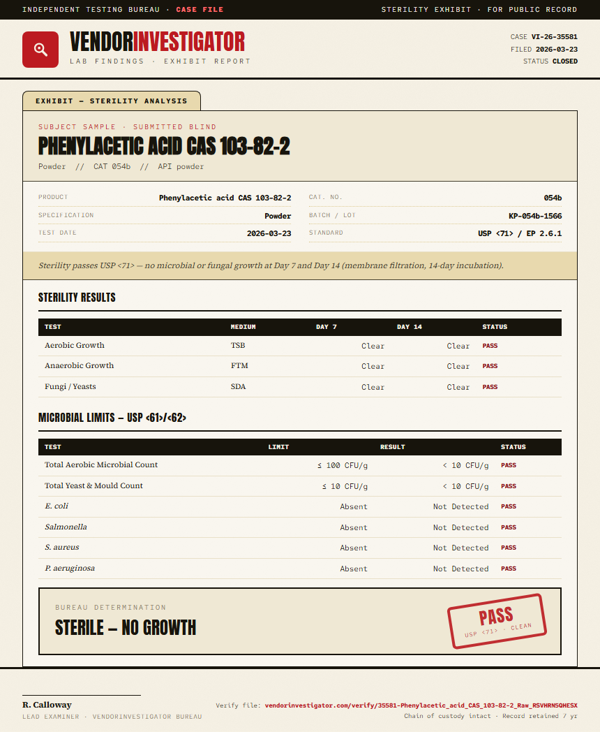 Phenylacetic acid CAS 103-82-2 Sterility report by VendorInvestigator
